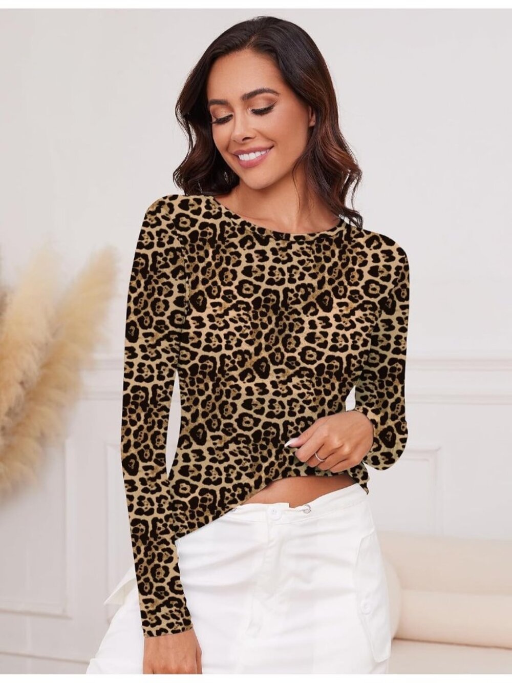 〽️Women's Leopard Mesh Long Sleeve Crew Tank Top Neck Tee Shirts Party Blouse - Picture 3 of 6